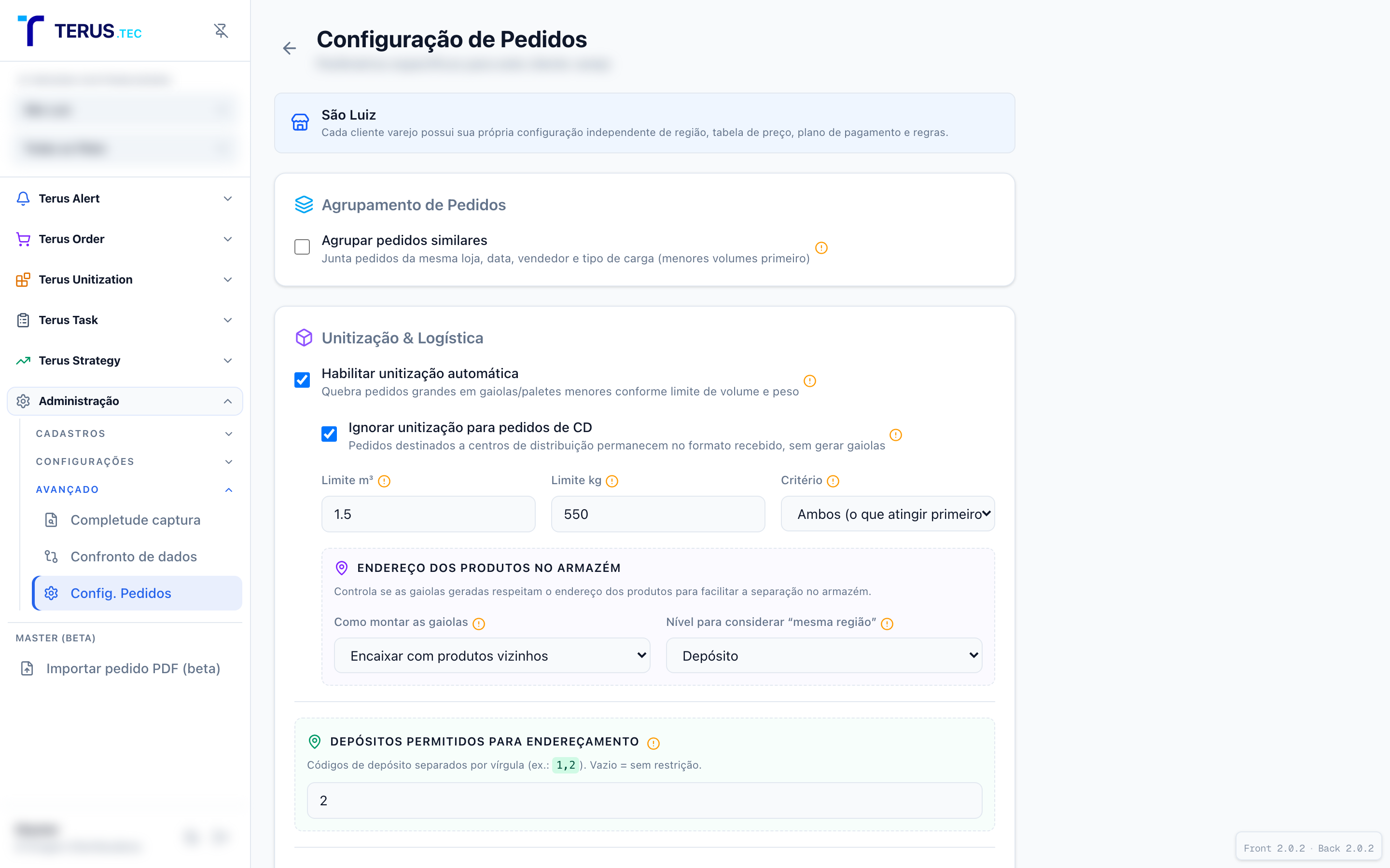 Configuração de pedidos